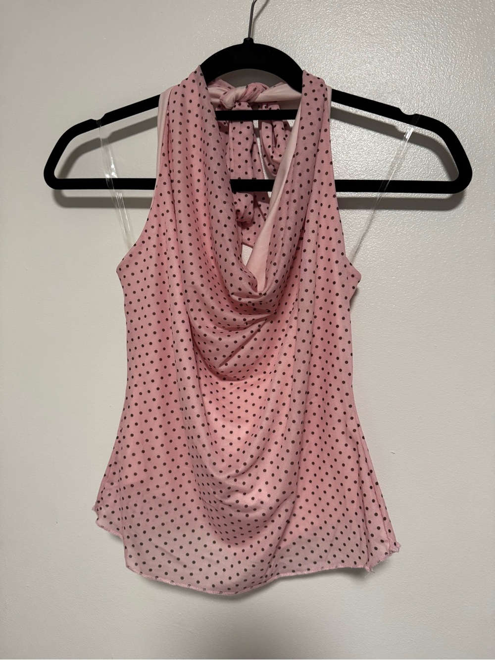 See You Monday Pink Polka Dot Halter Cowl Neck Tank